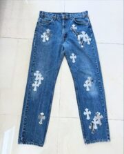 Chrome White starry leather paired with camouflage jeans